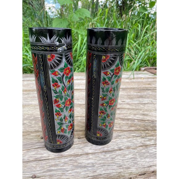 Vintage Pair Black Lacquer Wood Vases Red Etched Flowers 10" - Picture 12 of 16